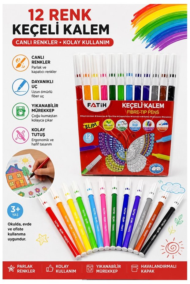 Felt-Tip Pen 12 Colors 1 Pack Fatih Slim 12-Pack Felt-Tip Pen Vivid Colors Washable Quality School Supplies