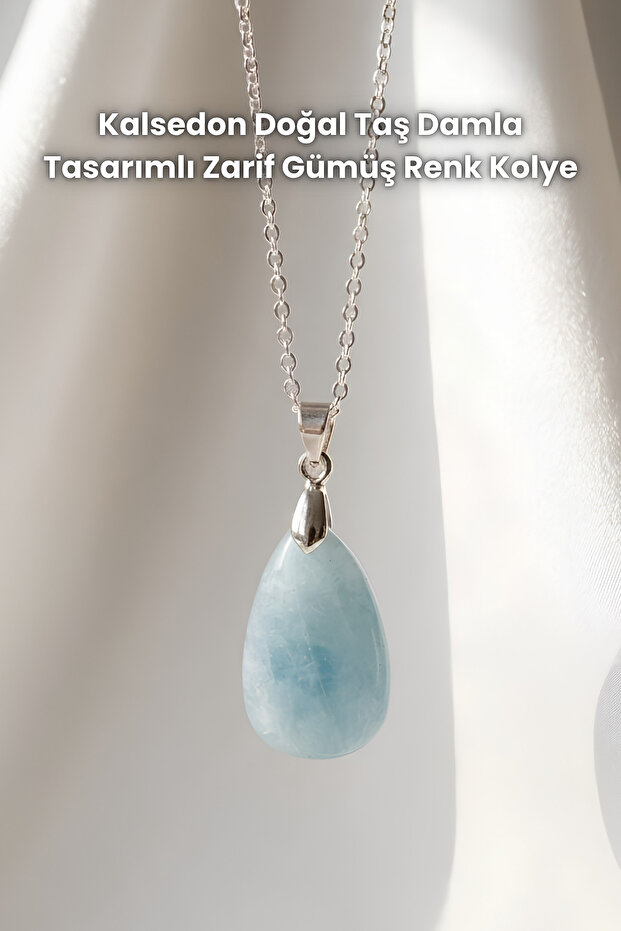 Elegant silver color necklace with chalcedony natural gemstone drop design