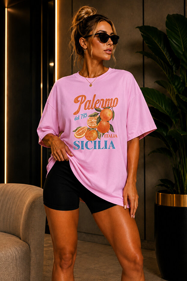 Premium Palerma Printed Oversize Women's T-Shirt Cotton Oversize T-Shirt