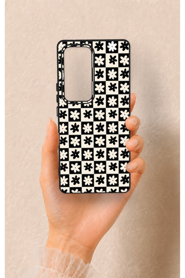 Vivo V30 Compatible Floral Motif Checkered Pattern Silicone Case