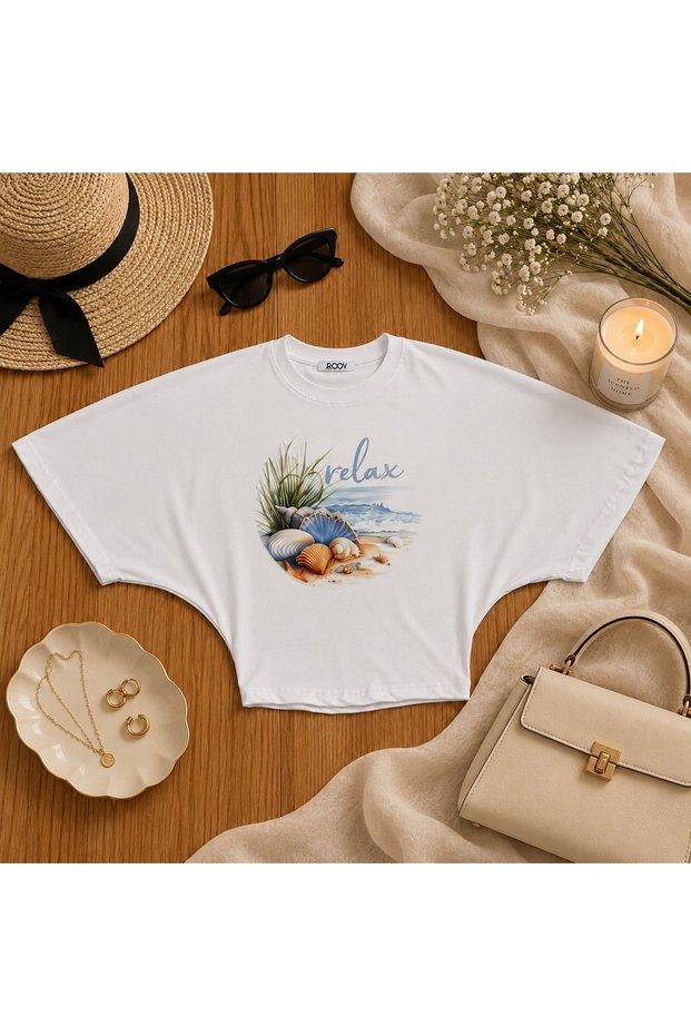 Women's Relax Printed Lycra Bat Sleeve Body Tee Crop T-Shirt