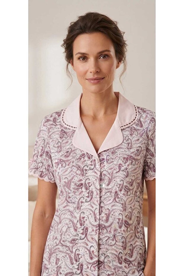 Front Buttoned Short Sleeve Women's Pajama Set Pink