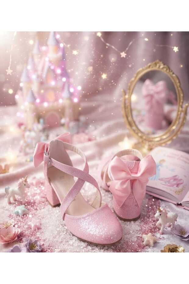 Pink Carnation Cross-Back Bow Sand Glitter High-Heeled Evening Dress Shoes