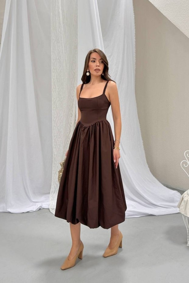 Women's Midi Length Balloon Cut Cotton Fabric Dress with Elastic Straps