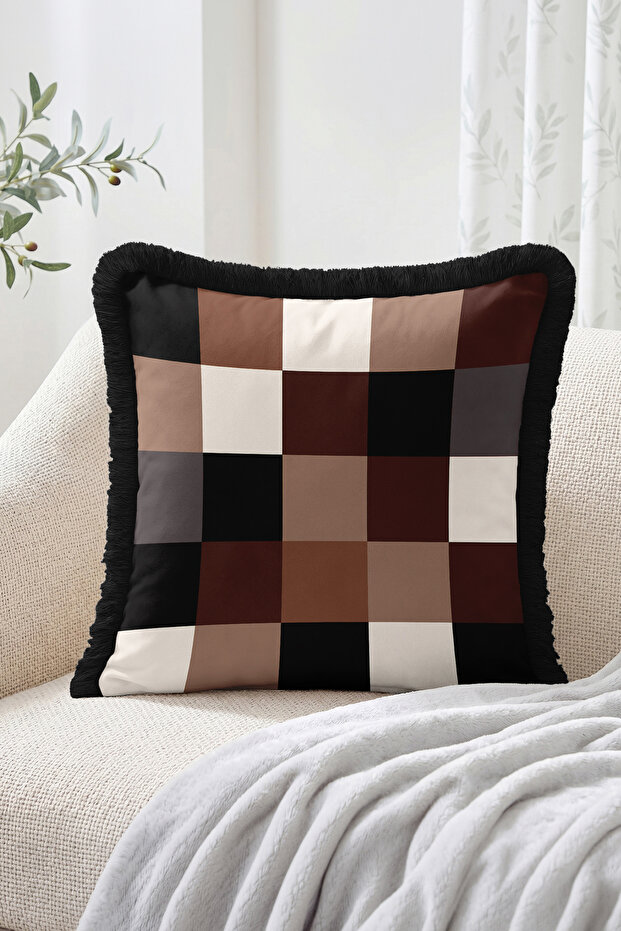Square Patchwork Plaid Pattern Fringed Throw Pillow Cover - Modern Decorative Pillowcase