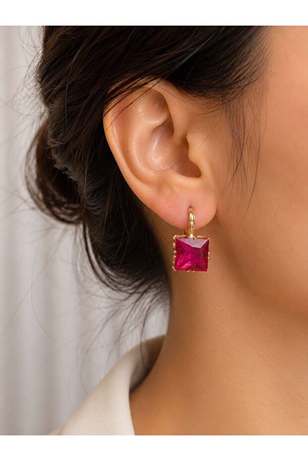 Fuchsia Square Crystal Stone Gold Earrings