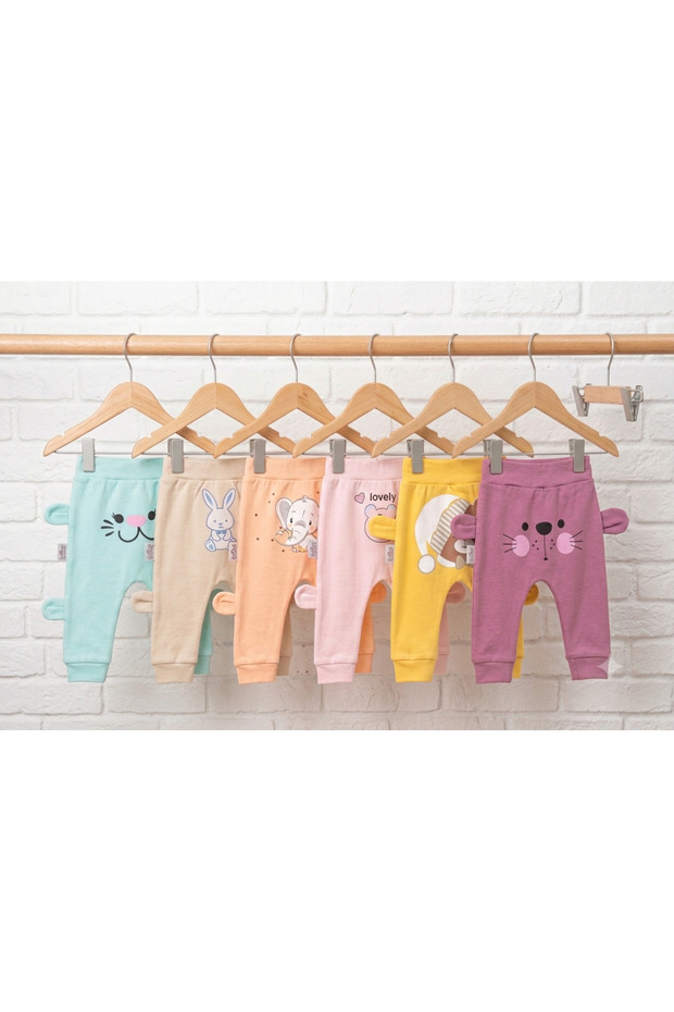 Baby 6-Piece Pants Set with Cute Animal Figures and Side Ear Detail, High-Waisted Baby Bottom Wear