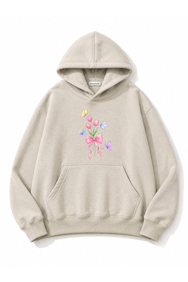 Tulip Flower Printed Hooded 2 Thread Threaded Sweatshirt