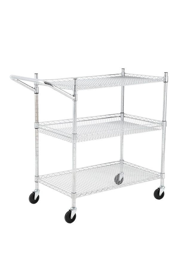 Heavy Duty 3-Tier Metal Utility Cart for Office – Commercial Rolling Storage Trolley with Wheels, Low Handle, Adjustable Wire Shelves, Durable Steel Construction – 3-Layer Low Handle
