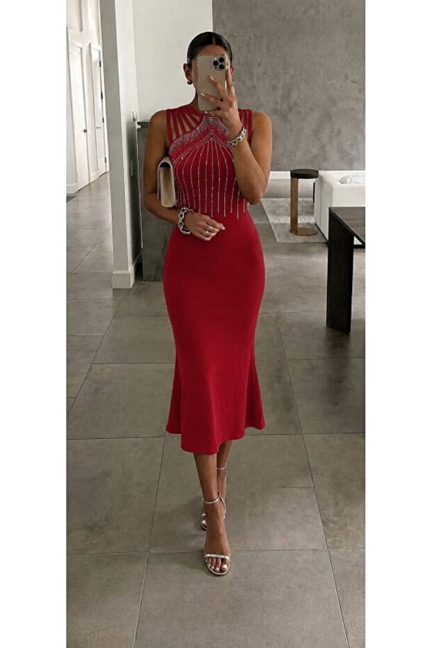 Women's sleeveless off-the-shoulder midi dress with stone embellished straps in janjan crepe.