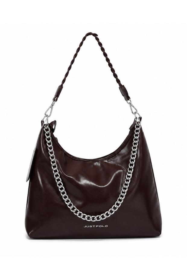 Brown Women's Shoulder Bag with Chain Detail