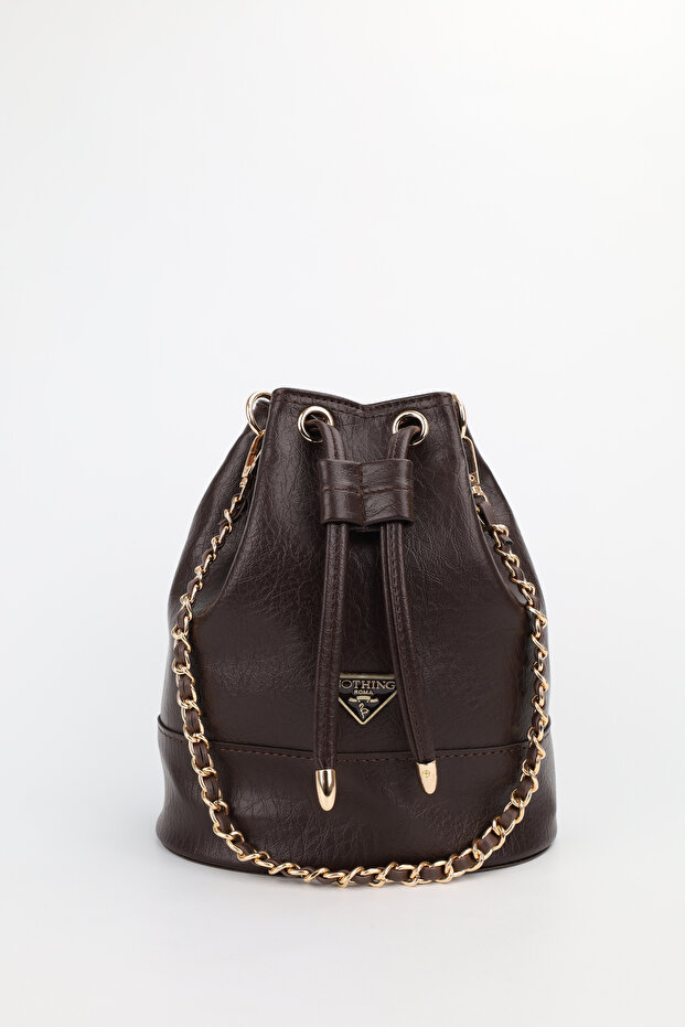 Women's Brown Chain Detailed Drawstring Shoulder Crossbody Bag Momo