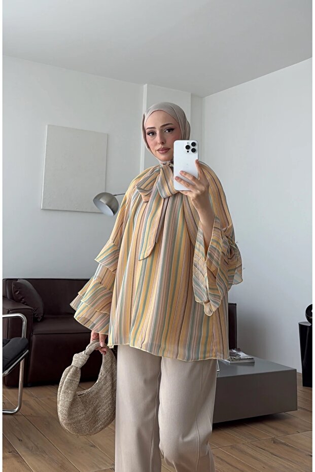 Flounced Sleeves Chiffon Scarf Lined Summer Blouse