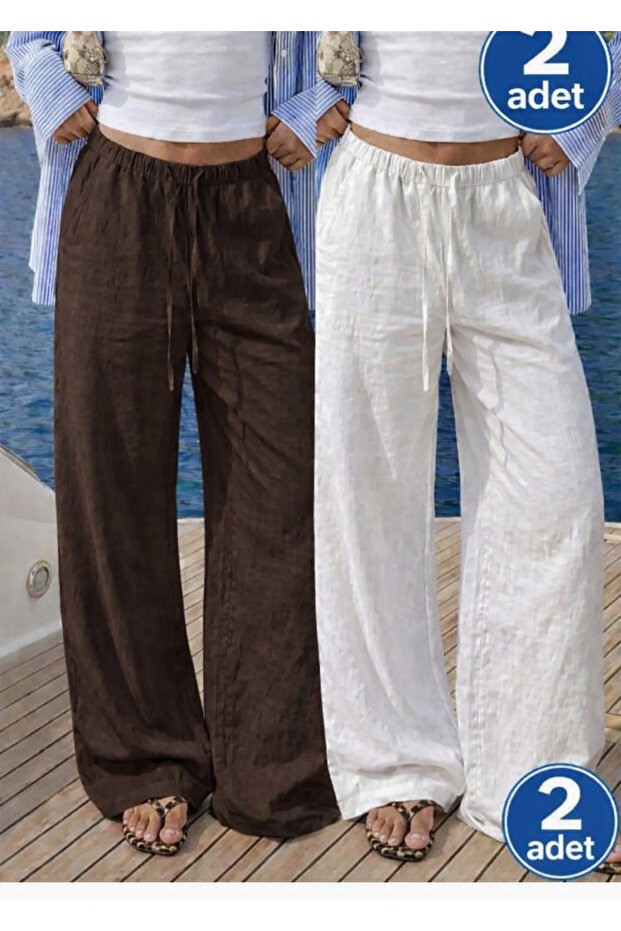 Women's 2-Piece White Brown Linen Trousers