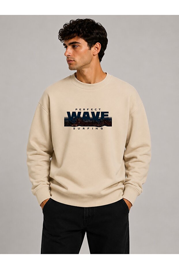 Wave Print Detailed Crew Neck 2 Thread Sweatshirt
