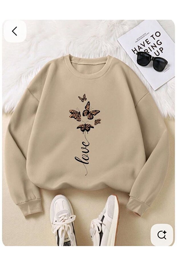Love Butterfly Printed 2 Thread Threaded Crew Neck Sweatshirt