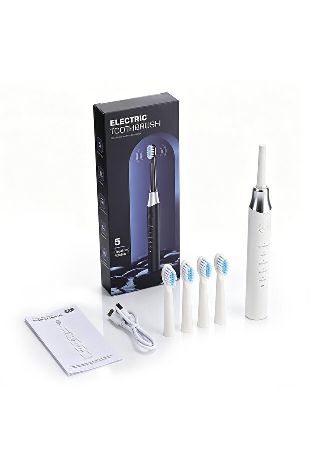 NEW White Electric Sonic Toothbrush 2-Minute Smart Timer 6 Modes Deep Clean With 4 Brush Heads Oral