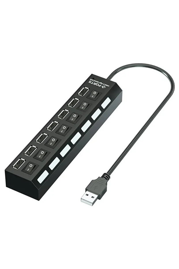 موزع USB أسود متعدد المنافذ بـ 7 منافذ مع محول طاقة ومفتاح تشغيل/إيقاف للكمبيوتر