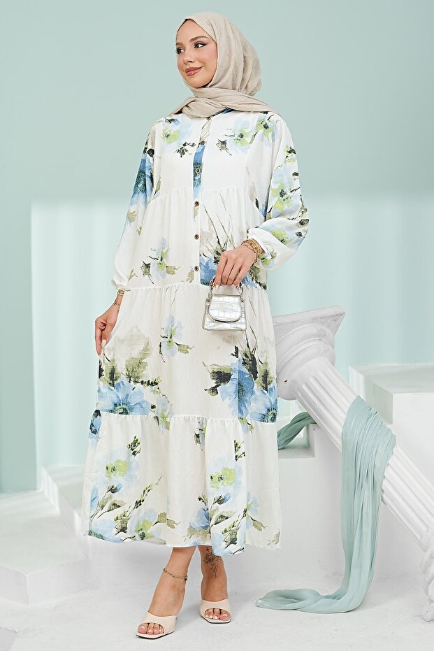 Blue Half Buttoned Sleeves Elastic Skirt Layered Viscose Dress