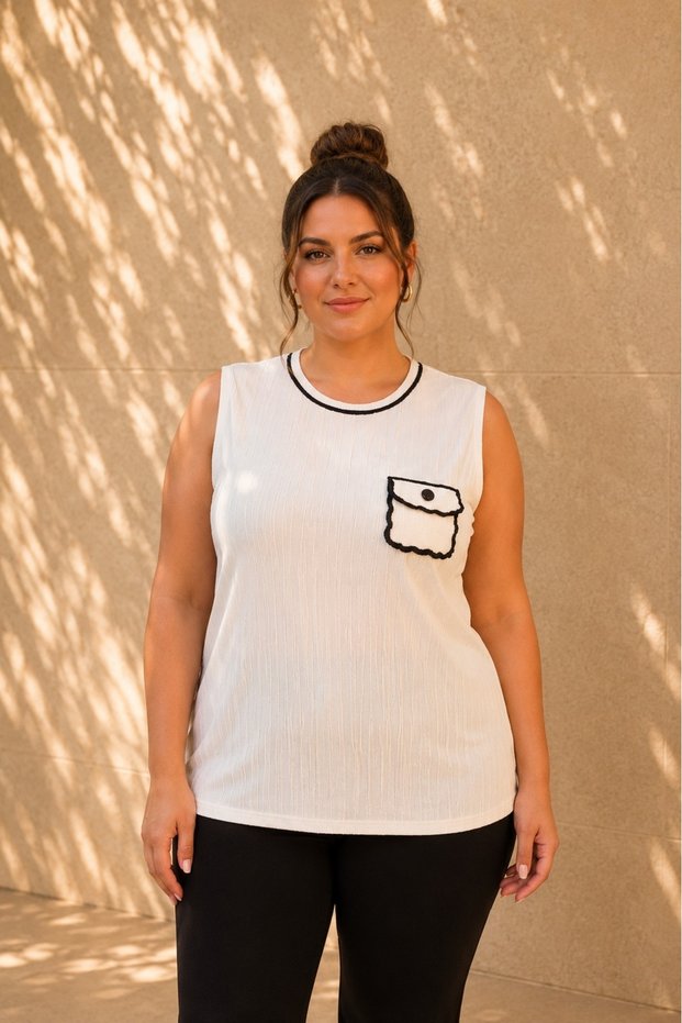 Women's Plus Size Knit Capped Ornamental Pocket Collar Stripe Sleeveless Stretchy Crew Neck Ribbed T-Shirt