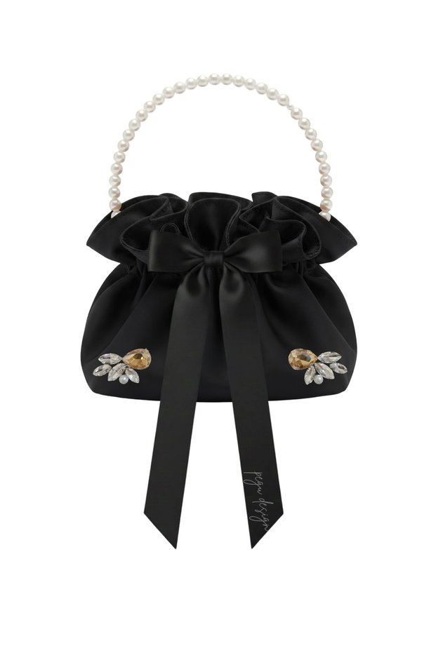 Black Cotton Satin Bag, Black Satin with Crystal Glass Stone Decorations and Pearl Handle, for Daily Use / Evening Wear
