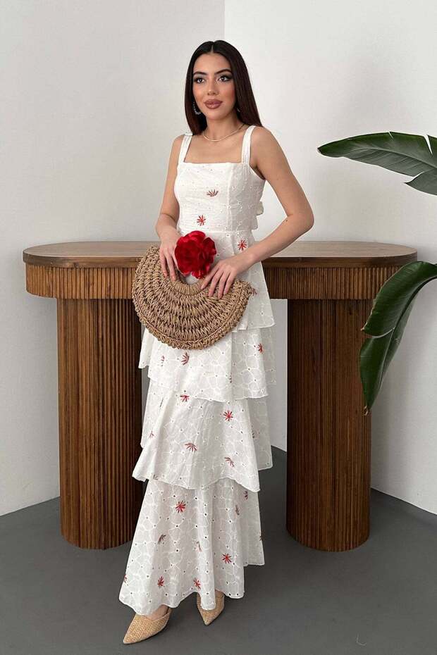 Women's Red Flower Patterned Strappy Square Neck Layered Tie Back Floral Maxi Dress
