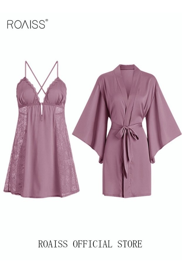 2 Piece Nightgown Set Women's Sweet Halter Nightdress Lace Lingerie Sleepwear Home Dress Set Romanti