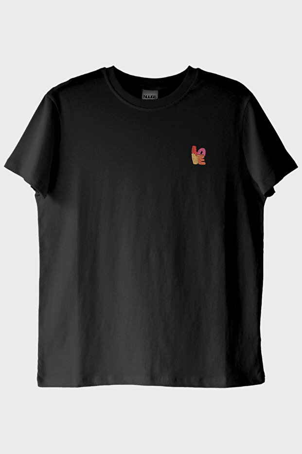 Lo-Ve Patterned Embroidery Black T-Shirt - Valentine's Day Design