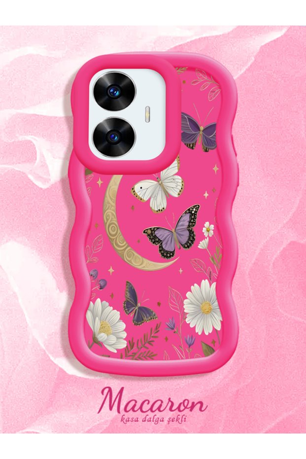 Realme C55 Compatible Wavy Frame Moon Butterfly and Flower Pattern Silicone Phone Case