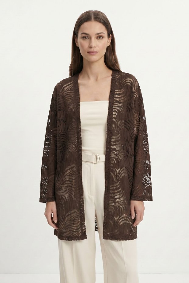 Fakir Sleeveless Perforated Lace Cardigan 1053 Brown