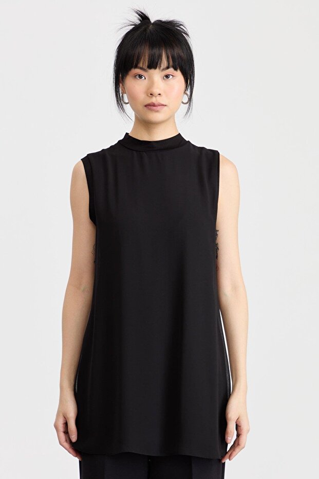 Chiffon Front Sleeveless Combed Cotton Undergarment - Black