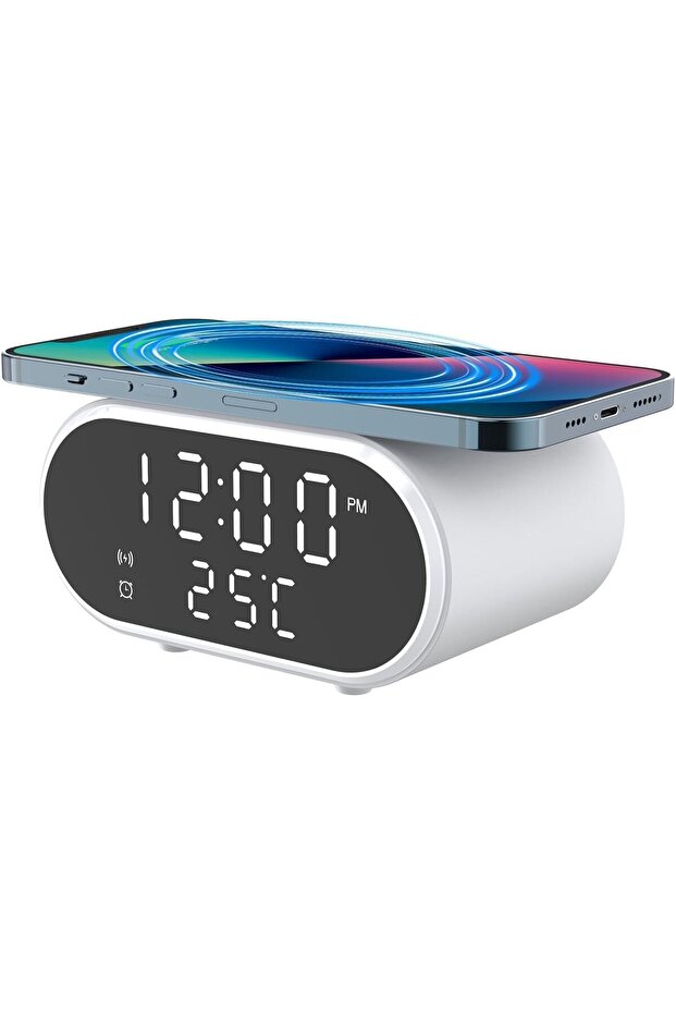 2-in-1 Wireless Charging Alarm Clock Digital Bedside Fast Charger LED Display USB-C Power Cord Bedroom Office Dorm White