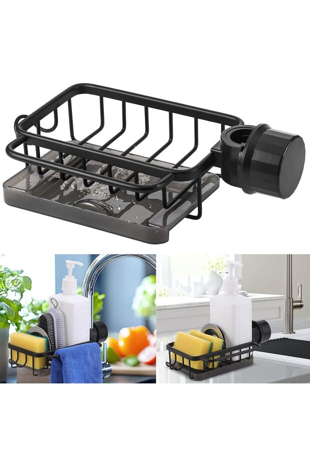 Faucet holder, kitchen sink sponge rack, with tray and hooks, aluminum faucet storage rack, can hold brushes, dishcloths and soap, black.