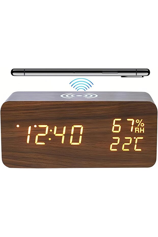 Brown Wooden Digital Alarm Clock with 15W Wireless Charging, Temp/Humidity Display & LED Dimmer for Bedside