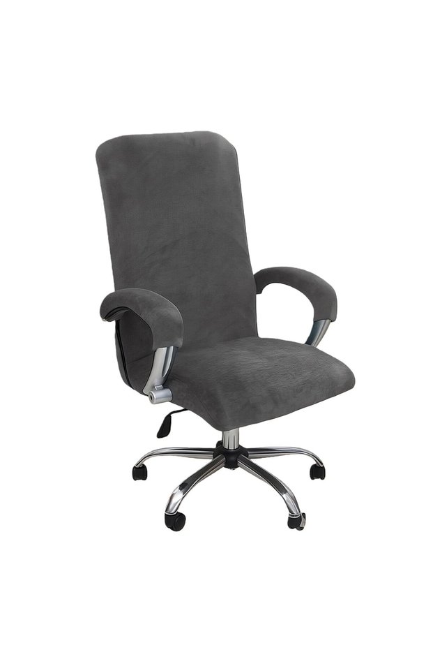 Velvet office chair cover with retractable armrests, gaming chair cover - dark gray