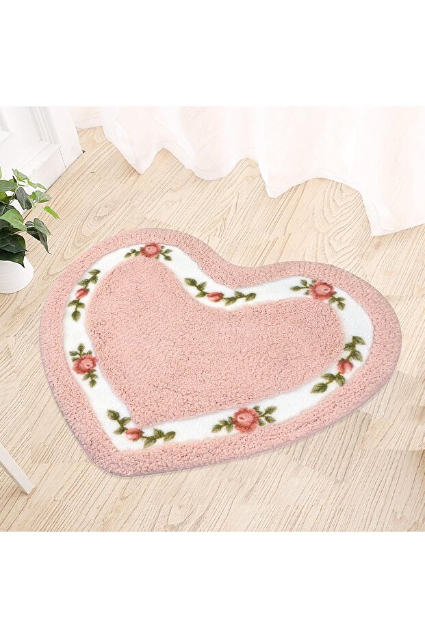 Rose floral rug, non-slip bathroom rug, absorbent microfiber, soft and fluffy heart-shaped bath mat, pink, 50 cm x 60 cm