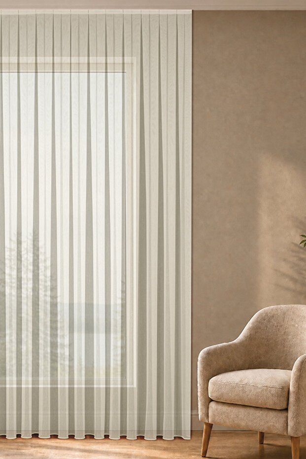 Glittery Bamboo Cream Dense Pleated (1X3) High Quality Tulle Curtain