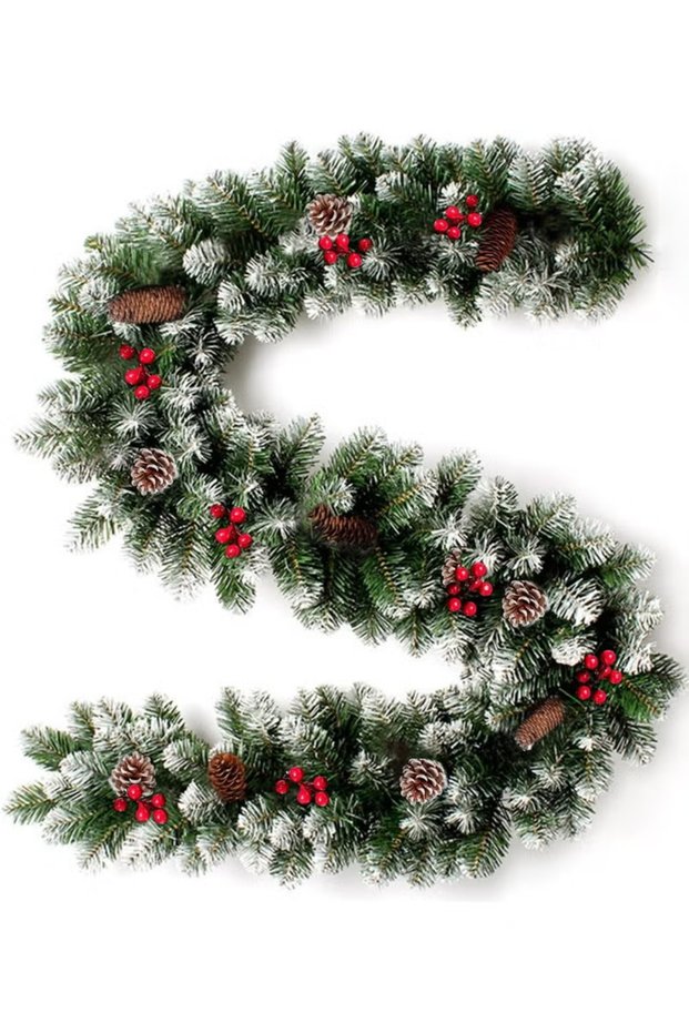 (ec152 NO LED)9FT Flocked Christmas Garland, Artificial Snowy Xmas Garland, Indoor Outdoor Winter Garland with Pine Cones and Red Berries for Christmas Decorations Table Mantle Room