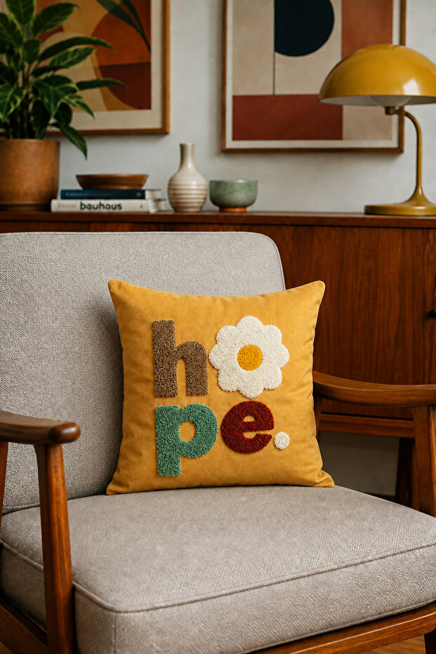 Punch Embroidered Cushion Cover - 43*43 cm - Mustard Hope - Pnk001