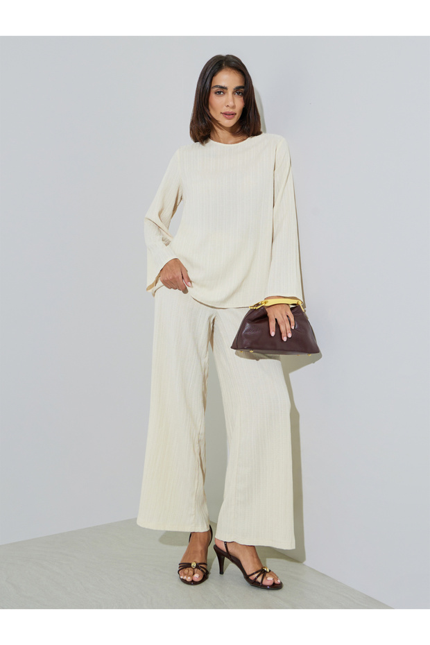 Cream Textured Long Top and Wide-Leg Trousers Modest Set