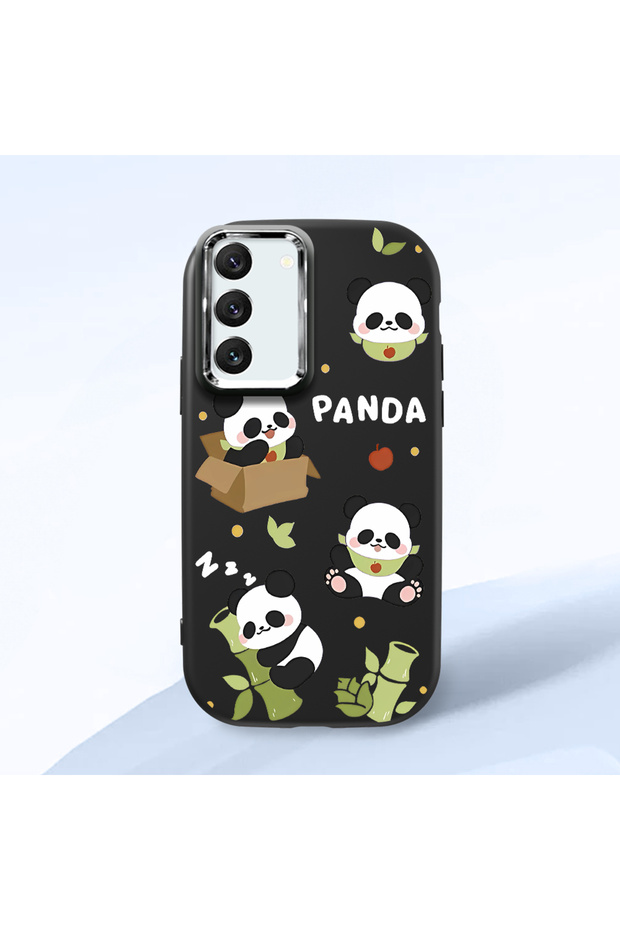 Samsung Galaxy S22 Compatible Case Camera Protector Black Silicone Couple Phone Case Panda Pattern