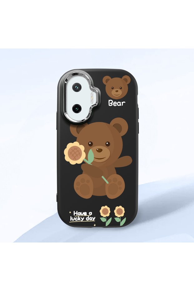 Poco F7 Compatible Case Camera Protector Black Silicone Couple Phone Case Bear Patterned
