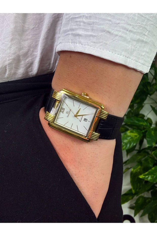 Vintage Dial Black Square Men's Wristwatch Stainless Steel Case Leather Band Durable Colorfast