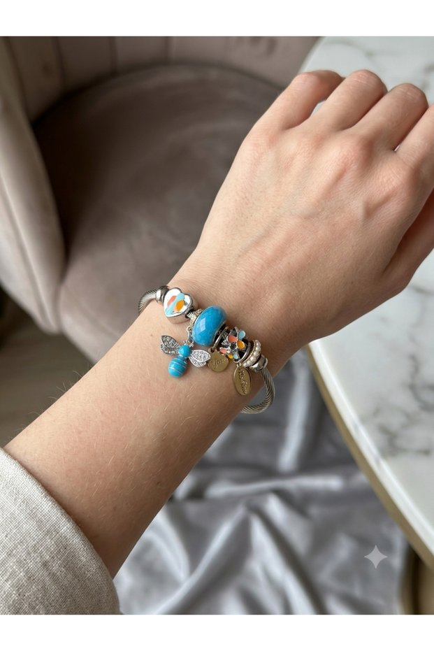 Women's Steel Charm Bracelet with Evil Eye, Bee and Heart Detail, Blue Color Twisted Handcuff Bracelet