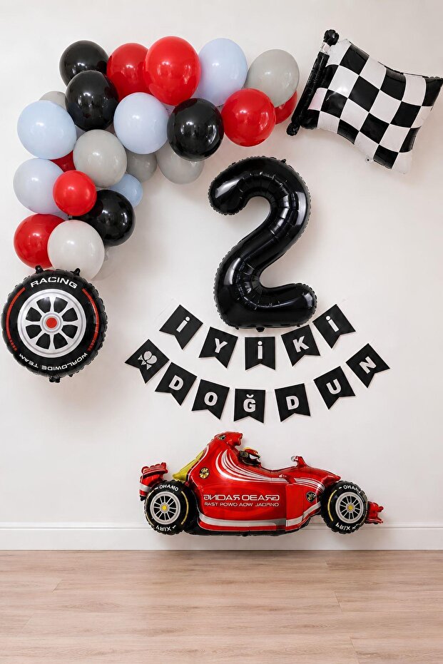 2-Year-Old Race Car Themed Birthday Party Celebration Balloon Set – Red, Black, and Gray Decoration Set