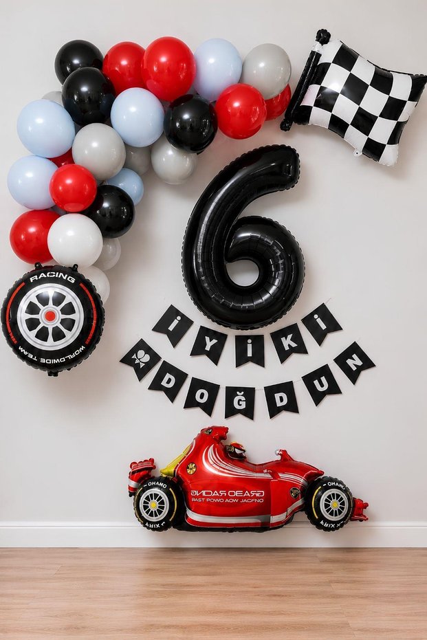 6 Year Old Race Car Themed Birthday Party Celebration Balloon Set – Red, Black, and Gray Decoration Set