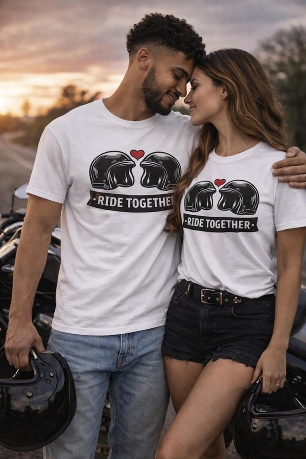 Ride Together Printed Spouse Lover Couple Combination T-Shirt