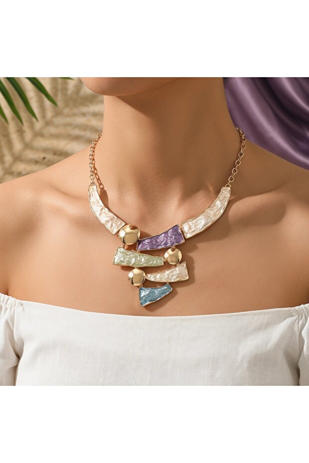 Multicolour 42cm N-2028 Boho Colorful Enamel Geometric Bib Necklace Hammered Statement Jewelry for W