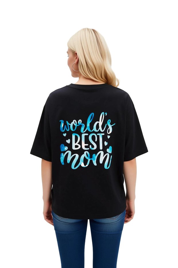 Women's Oversize Short Sleeve T-Shirt the Best Mom in the World Printed Heart Motif Relaxed Fit Casual