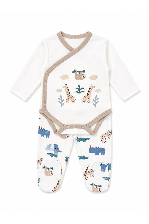 Baby Boy Safari Patterned Double Breasted Bodysuit Set 100% Cotton with Booties 2-Piece Set 0-9 Months